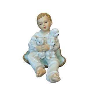 Vintage‎ Porcelain Boy Holding Puppies Figurine Sitting Heritage Mint 2003